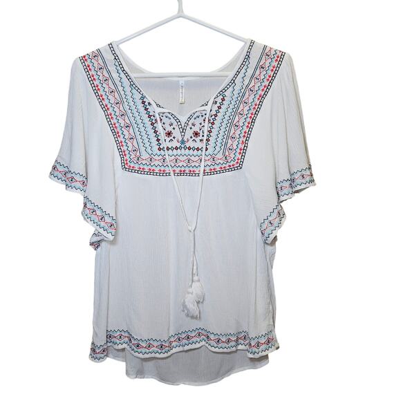 Passports Peasant Blouse Women Small White Embroider Flutter Sleeve Tassel Boho - Picture 1 of 8